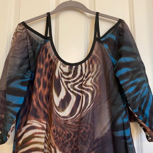 Bebe 100% Silk Cold Shoulder Blouse Animal Print Brown/Blue Size M - Picture 10 of 16